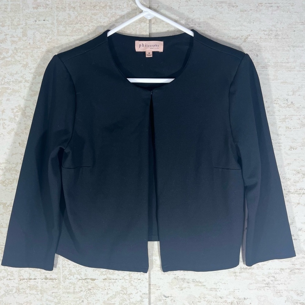 PHILOSOPHY Women's Black Crop Knit Blazer Sz M Top Hook Closure Boxy Casual
